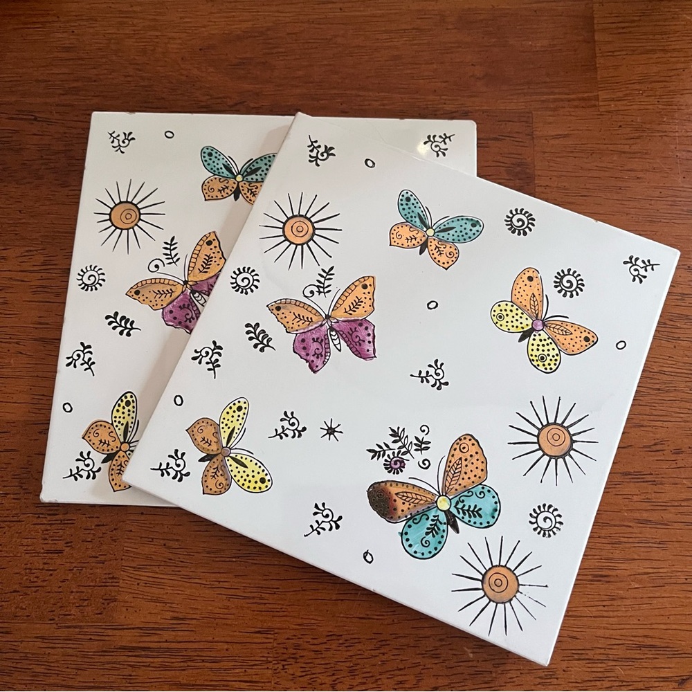 🦋RARE🦋Vintage Ceramic Fred Roberts Hand Painted Butterfly Motif Felt Lined Tiles